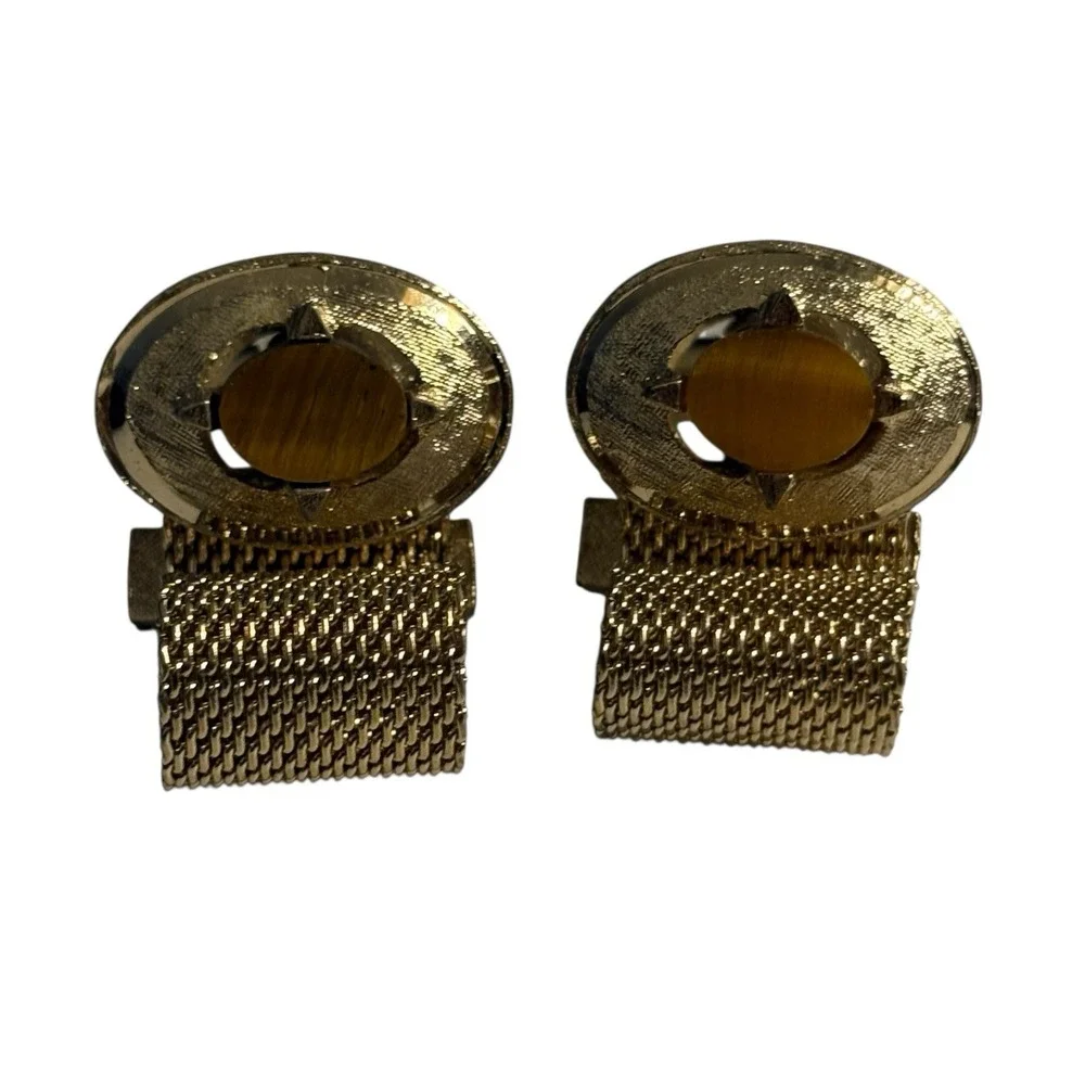 Dante Tiger's Eye Wrap Around‎ Mesh Cufflinks Brown Stone Gold Tone Vintage Oval